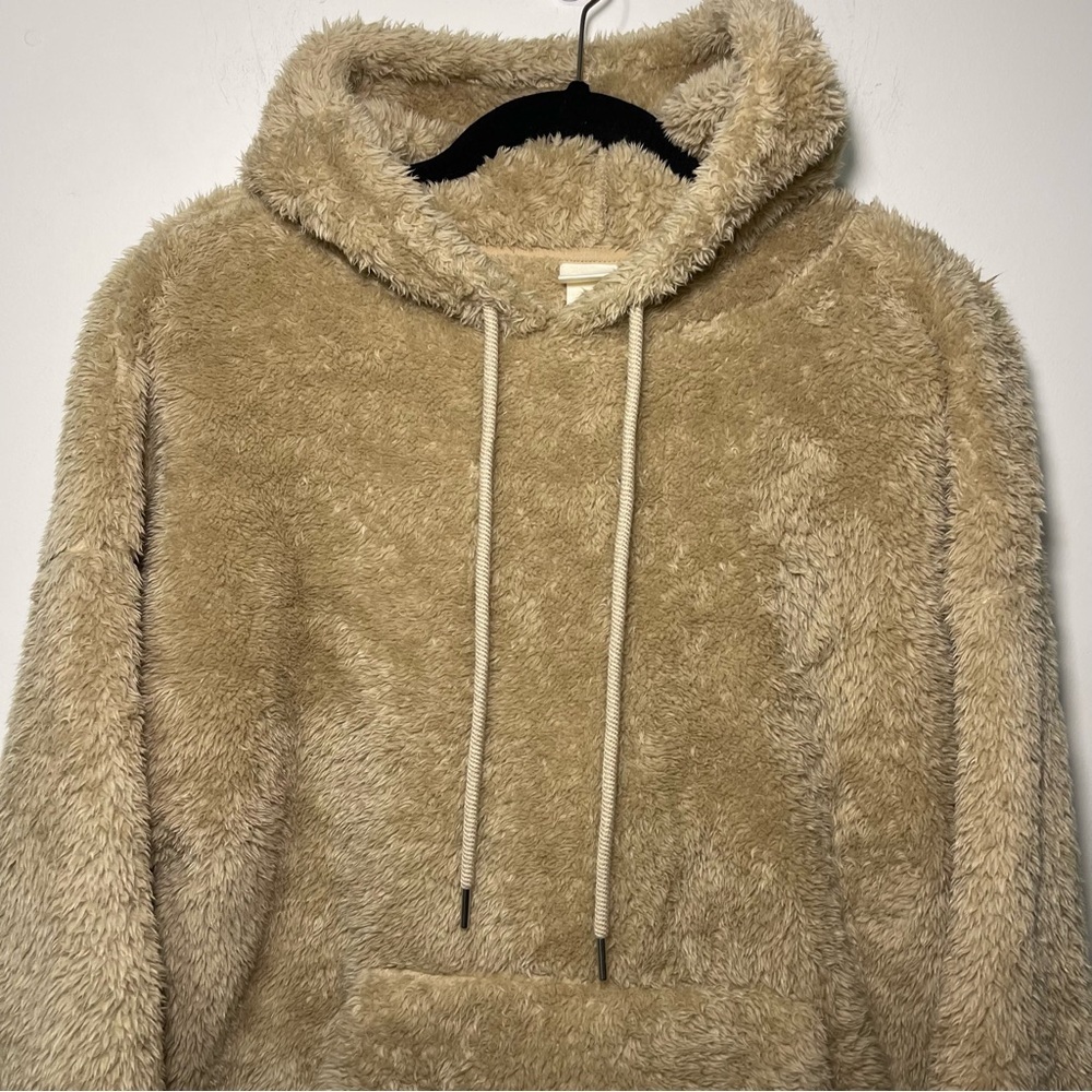 H&M Women’s Beige Teddy Fleece Pullover Hoodie Size L Cozy comfy Soft loungewear - Picture 3 of 9
